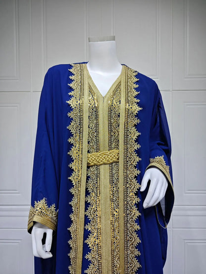 Eid Frauen Abaya Kleid Muslim 2-teiliges Set Strickjacke mit Innenkleid Schnürmantel Kaftan Robe Jalabiya Ramadan Marokko Kaftan 2025