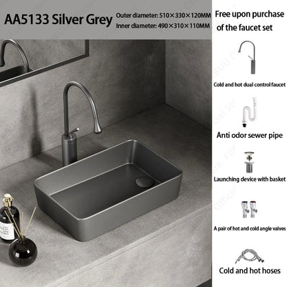 Rechteckiges silbergraues Porzellan-Keramikgefäßwaschbecken über der Theke, Toilette, Badezimmer-Schminktisch, Waschbecken, glasiertes weißes Waschbecken