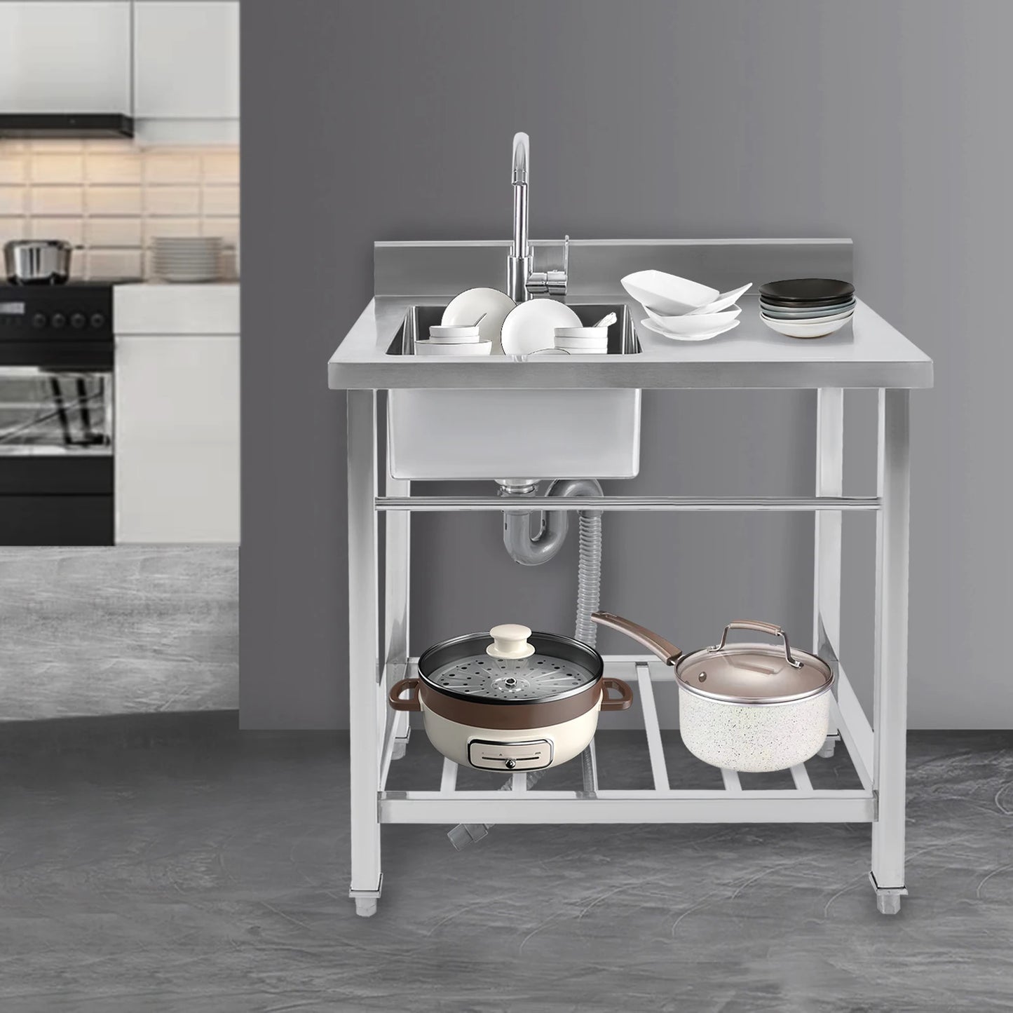 Edelstahl-Küchenspüle, freistehende Einzelschüssel-Werkbank für den Außenbereich, quadratische Küchenspülen, Tragfähigkeit 100 kg