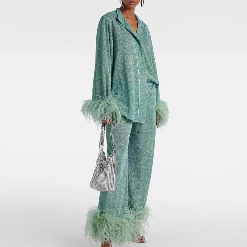 Fashion Solid Patchwork Feather Tops+Straight Pants Set Casual Loose Stand Collar Outfits Elegant Long Sleeve Button 2 Piece Set.