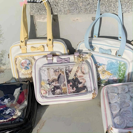 Y2K Cute Bow Ita Bag Girl Transparent Messenger Bag Women Fashion Shoulder Crossbody Bag Ladys DIY Badge Tote Bag Lolita Handbag.