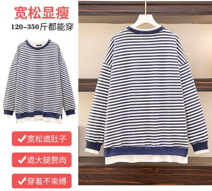 150Kg Plus Größe frauen Fehlschlag 157 Frühling Herbst Neue Lose Gefälschte Zwei-Stück Lange Ärmeln Gestreiften sweatshirt 5XL 6XL 7XL 8XL 9XL