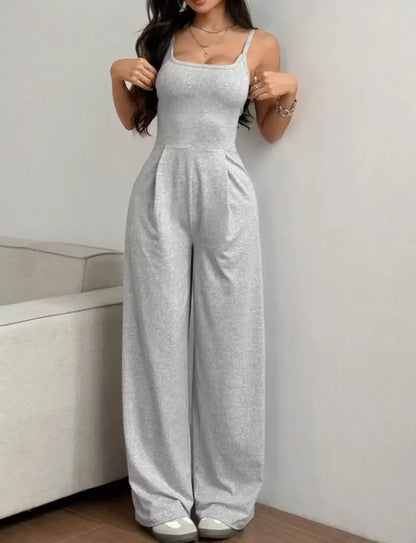 Fashionable Solid Color High Waist Bell Bottom Jumpsuit Backless Strap Casual Women's Long Pants One Piece Suit Female