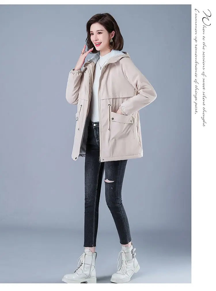 Fleece-gefütterte Kapuze, Daunenjacke, Wintermantel für Damen, warme, mit Kordelzug gepolsterte Parkas, mittellanger Mantel, Streetwear, gepolsterte Kleidung