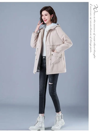 Fleece-gefütterte Kapuze, Daunenjacke, Wintermantel für Damen, warme, mit Kordelzug gepolsterte Parkas, mittellanger Mantel, Streetwear, gepolsterte Kleidung