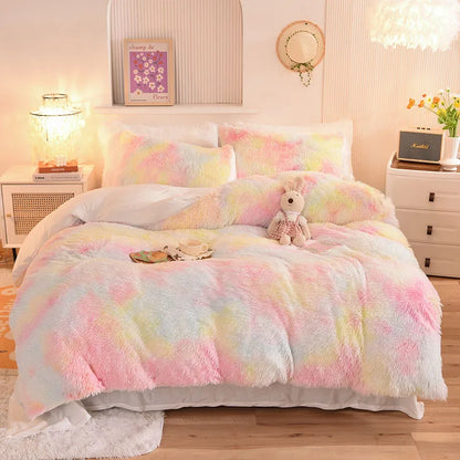 3Pcs Super Shaggy Coral Fleece Warm Cozy Princess Bedding Set Mink Velvet Duvet Cover Set Bed Comforter Cover Blanket Pillowcase