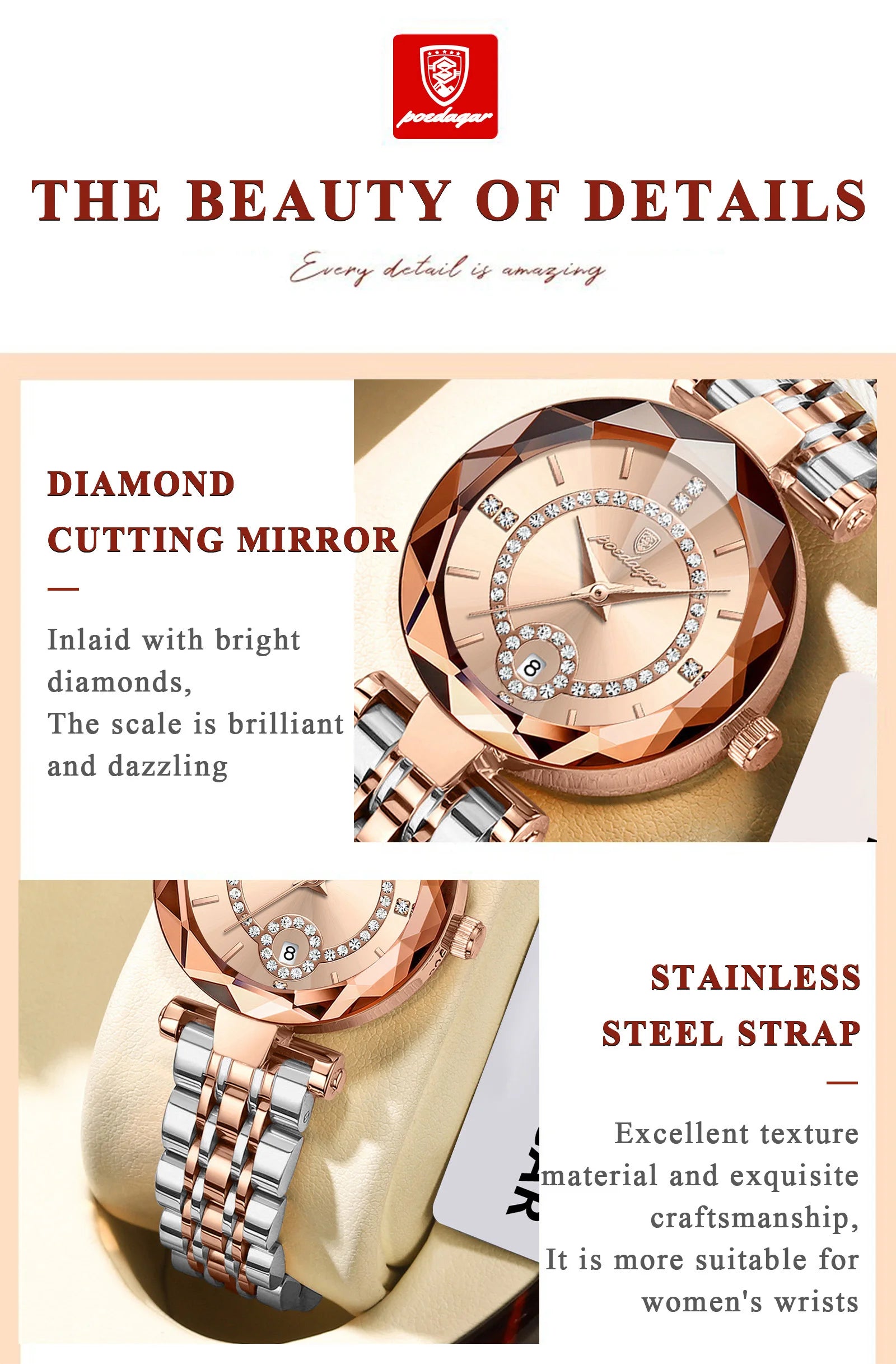 POEDAGAR Fashion Original Wristwatch For Woman Waterproof Stainless Steel Date Quartz Ladies Watch Luxury Casual Women's Watches.