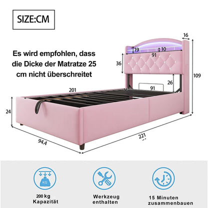 KOMHTOM Kinder Polsterbett 90x200 cm Samt Einzelbett, Multifunktionsbett mit Stauraum, LED und USB