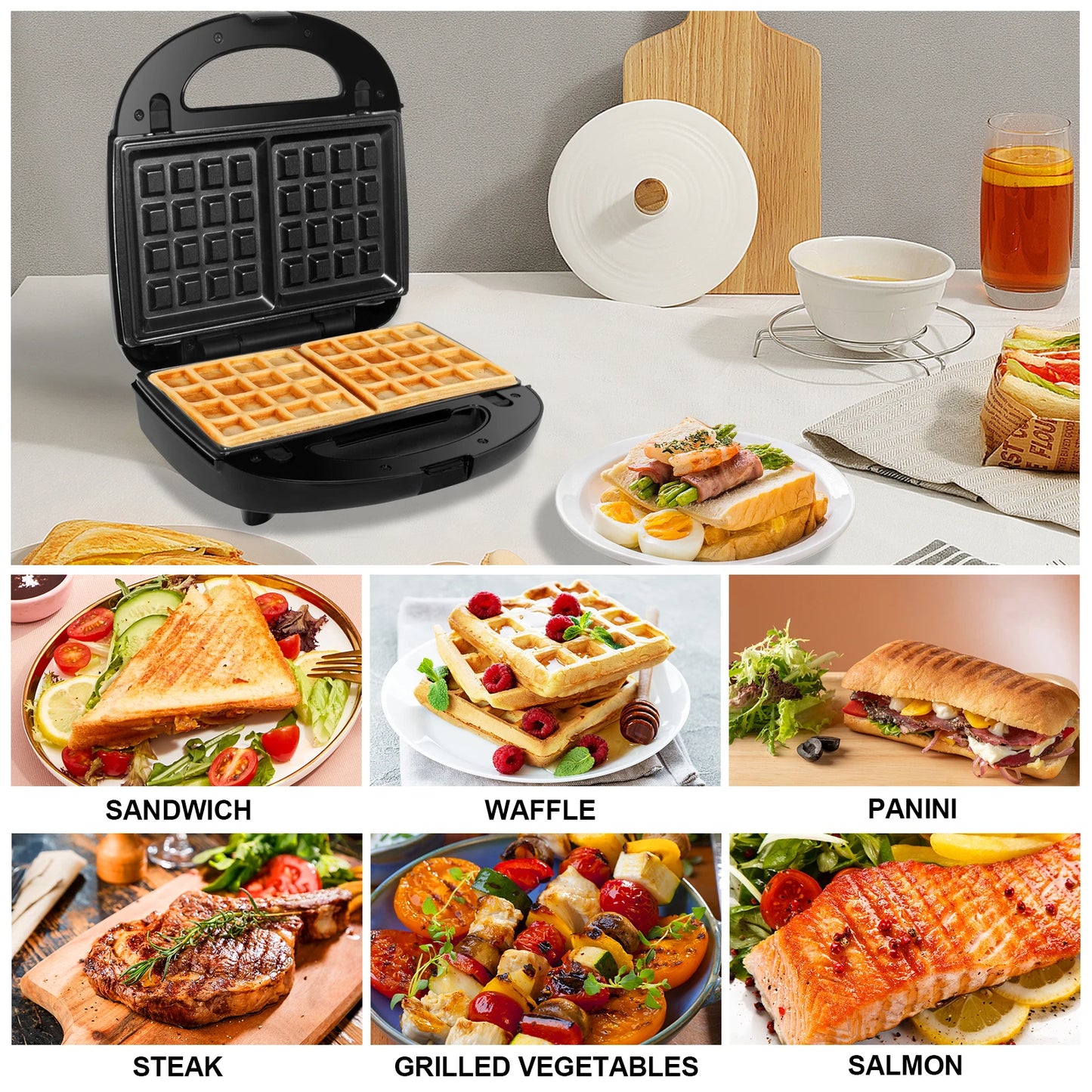 Multifunction 3-in-1, sandwich maker, waffle iron, contact grill dishwashers suitable & non-stick plates.