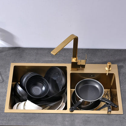 Goldene Küchenspüle über der Theke, Doppelschüssel, Goldkorb, Abtropffläche, Seifenspender, Waschbecken, Spülbecken aus Edelstahl 304, Spülbecken