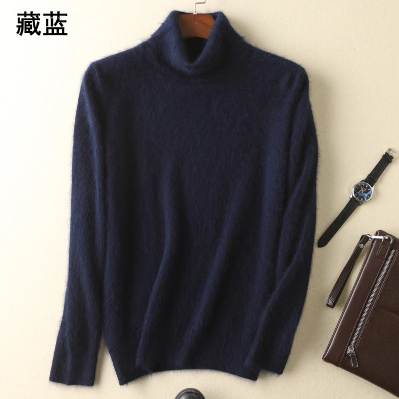 Men's 100% pure Mink Knitted Sweater Turtleneck Large Size Casual Pullover Autumn Winter New Base Shirt Men Warm High Lapels Top
