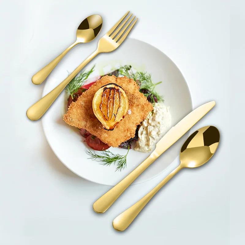 24pcs Golden Tableware Set Light Luxury Stainless Steel Cutlery Fork Knife Spoon Dinnerware Set Minimalist Decor with Gift Box.