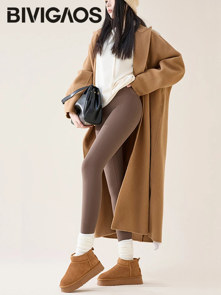 BIVIGAOS Autumn Winter High Waist Fleece Sharkskin Leggings Women Seamless Slim Tight-Fit Velvet Thickened Elastic Warm leggings.