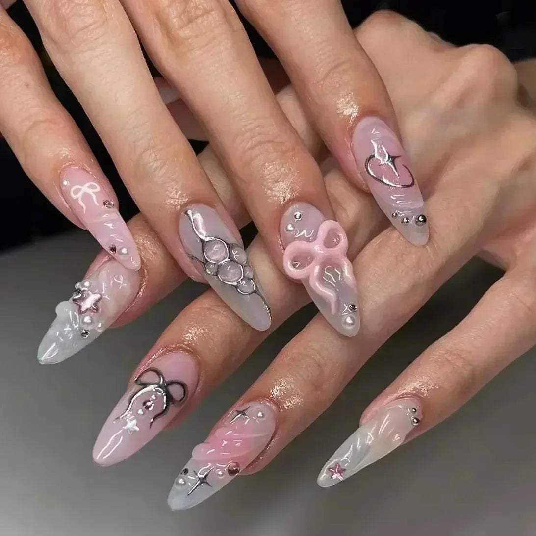 White Glitter Powder Bowknot Long Pointed Fake Nails Art Ballet False Nail Cow Print Pearl Rhinestone Pink Almond Press on Nails