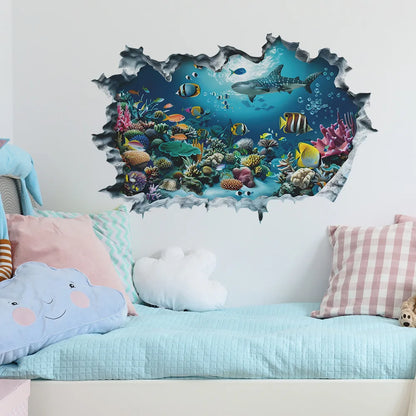 Sea View Mural Seabed Fish Shark 3D PVC Broken Wall Art Stickers Home Decoration for Room Ceiling Poster Floor Wallpaper.