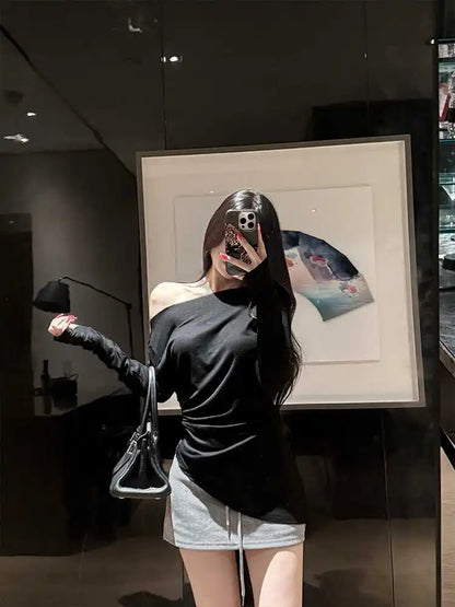 Sexy Long Sleeve T-Shirt Shoulder Bared Waist Cinched Slim Fit Knitted Cotton Solid Color Casual Urban Style for Early Autumn