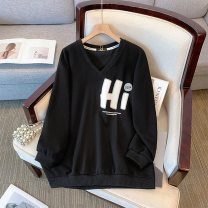 150kg plus size Damen büste Herbst Frühling loser V-Ausschnitt Brief druck Langarm Sweatshirt 6xl 7xl 8xl 9xl 10xl