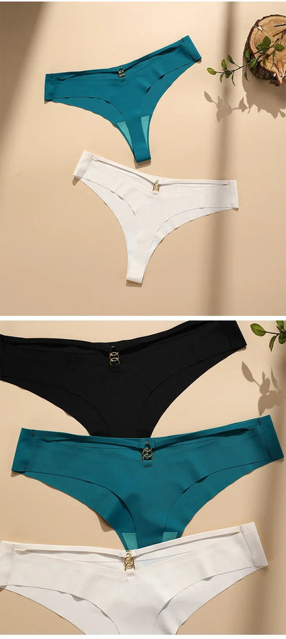 2024 NEW Low Waist Seamless Ice Silk Thongs Cotton Crotch Sexy Women's Underwear Metal Ring Hollow Out Panties Traceless Briefs.