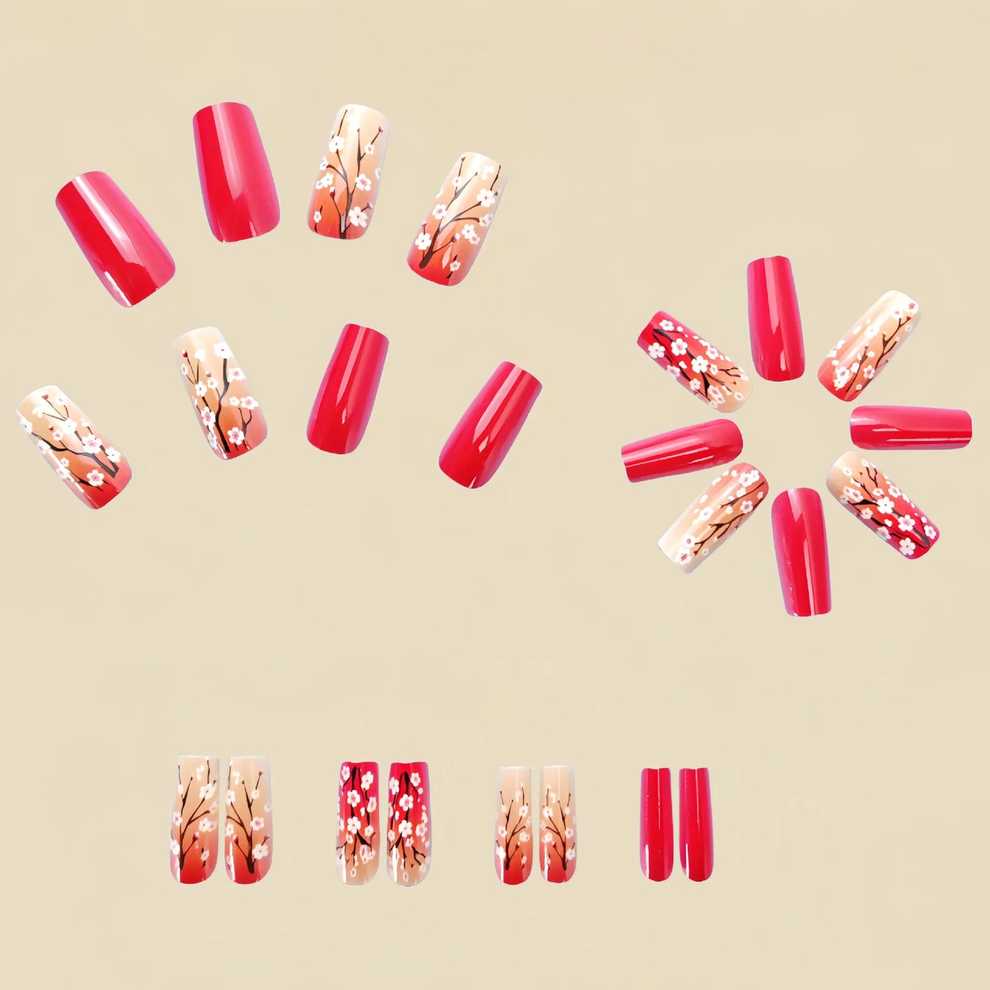 24pcs/set short medium long fake nails for Spring summer season gradient peach flowers butterfly heart press on false nail art