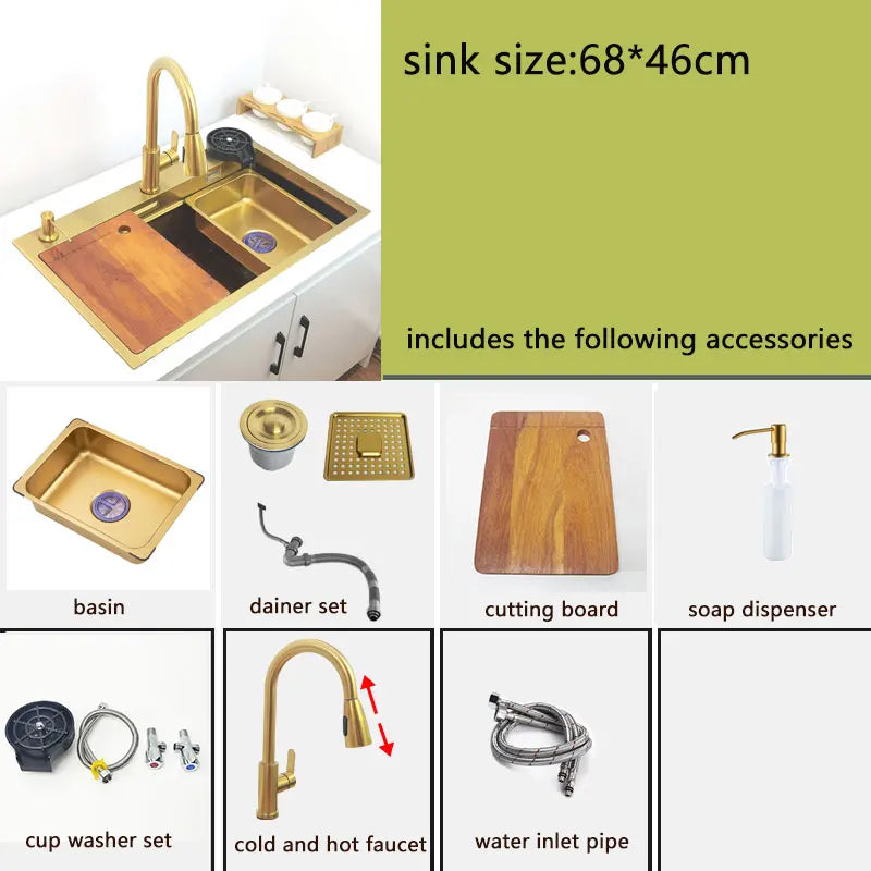 Gold Wasserfall Wasserhahn Küchenspüle Nano Waschbecken 304 Edelstahl Golden Topmount Single Bowl Waschbecken 4-Funktions-Küchenarmatur