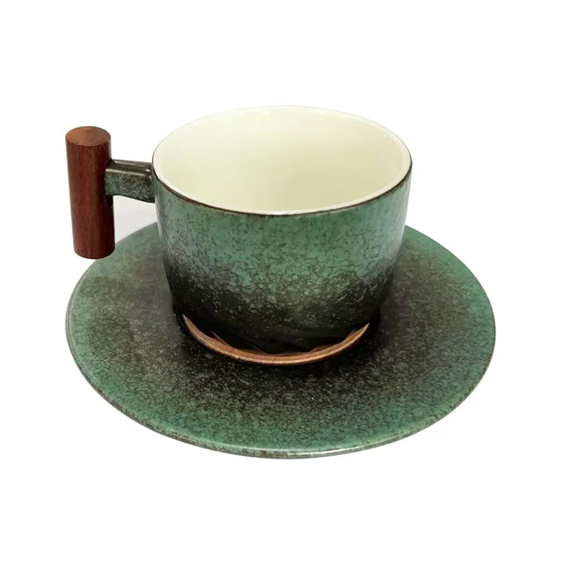 Blue Retro Ceramic Coffee Cup with Saucer 130ml Wooden Handle Tea Water Cup Filter Tea Mug Handmade Frosted Tea Coffee Cup Gift