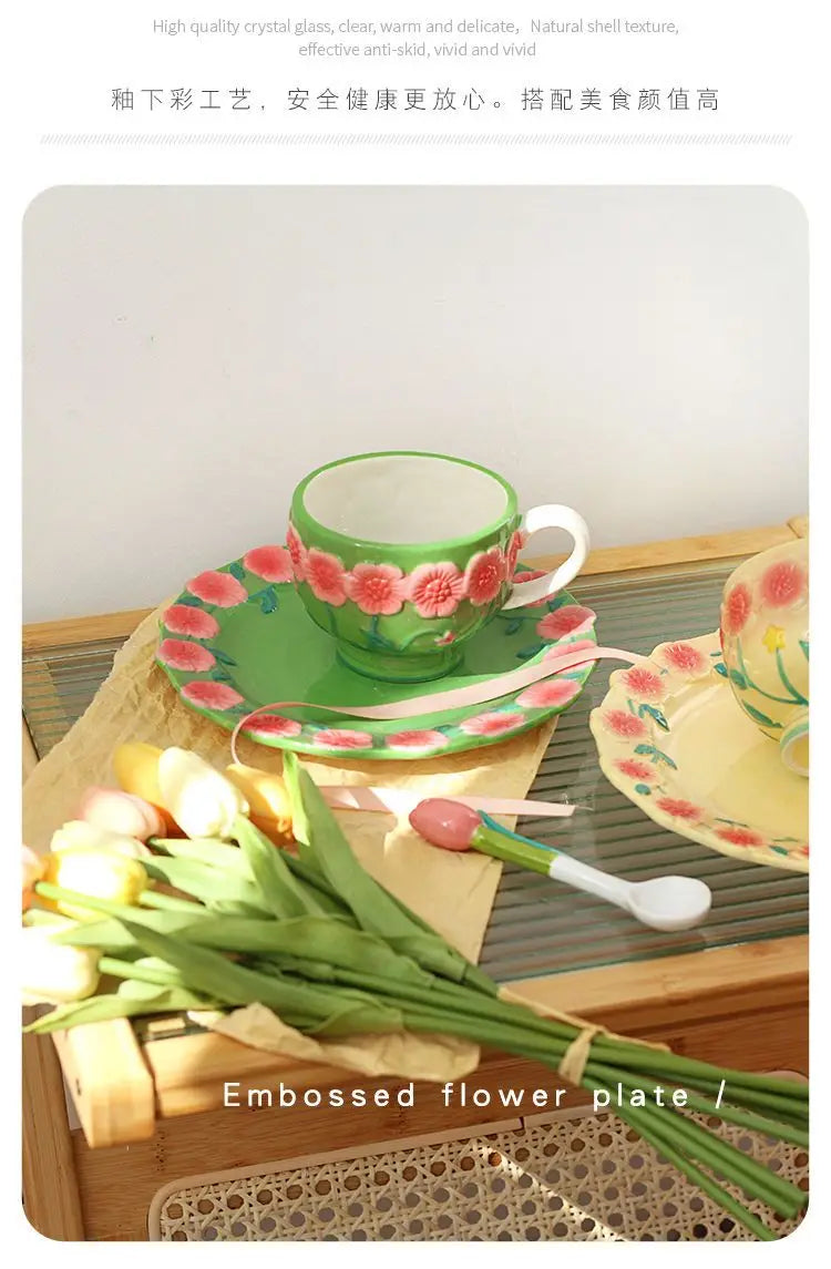 Flower Plate Embossed Small Flower Breakfast Dessert Plate Household Ceramic Plate Under Glaze Colored Hand-painted Tableware.