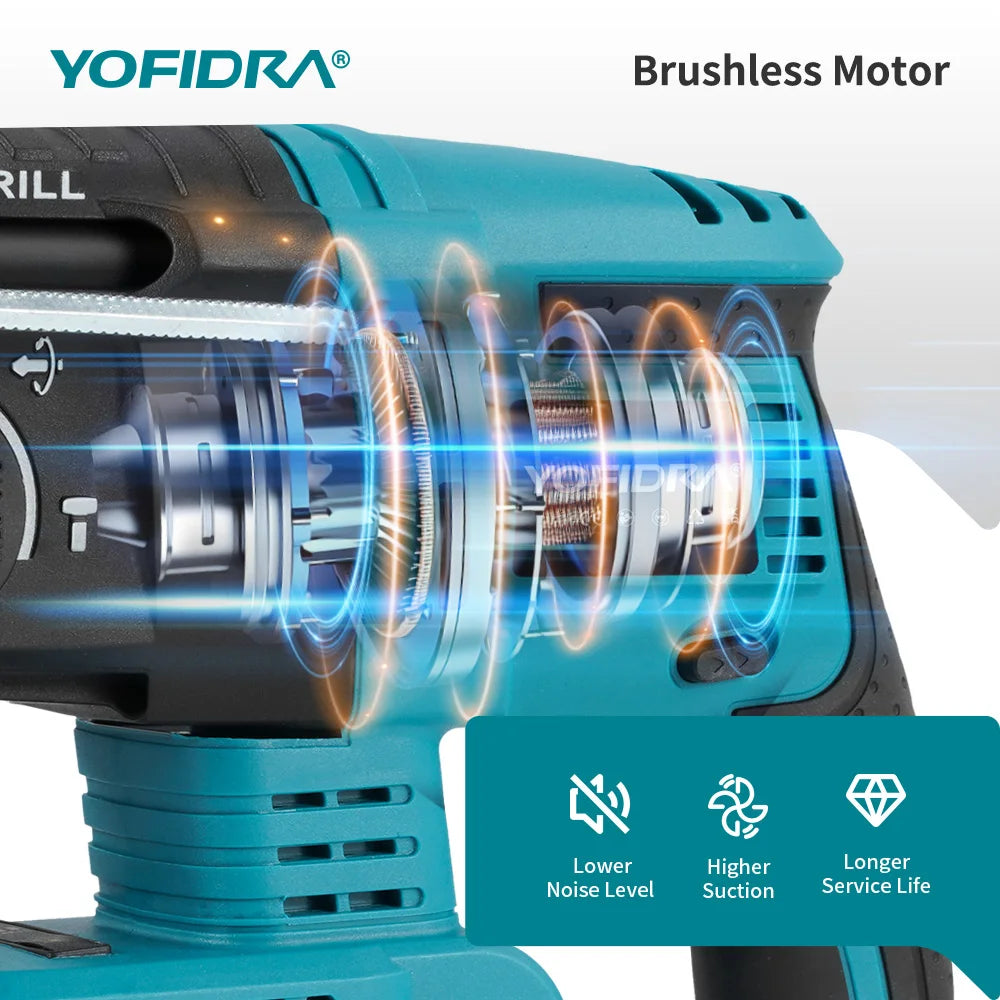 YOFIDRA Bürstenloser elektrischer Hammer-Schlagbohrschrauber, 26 mm, kabelloser Holzbearbeitungs-Schlagbohrschrauber, Elektrowerkzeug-Set für Makita 18 V Akku-Pin