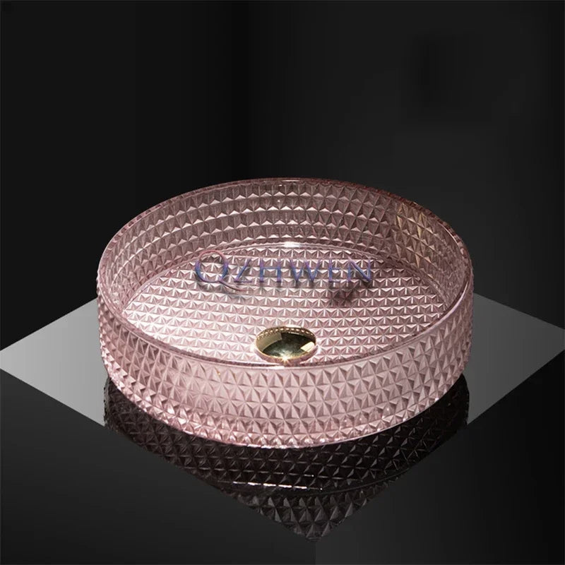 Luxuriöses Waschbecken aus Kristallglas, Badezimmer-Waschbecken, rosa Arbeitsplatte, Kunstbecken, rundes Mini-Schüsselbecken, Waschraum-Waschbecken mit Wasserhähnen