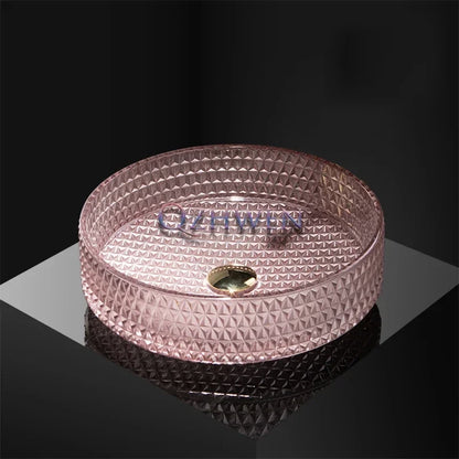 Luxuriöses Waschbecken aus Kristallglas, Badezimmer-Waschbecken, rosa Arbeitsplatte, Kunstbecken, rundes Mini-Schüsselbecken, Waschraum-Waschbecken mit Wasserhähnen