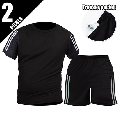 2pcs Summer Men's Quick drying Sports Suit Loose And Comfortable Round Neck Short Sleeved T-shirt Versatile Running Pocket Short
