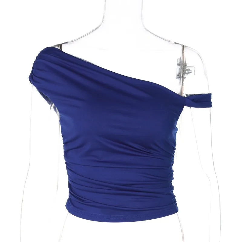 BOOFEENAA Asymmetrical One Shoulder Crop Tops Black Blue Sexy T Shirts for Woman Summer 2025 C95-BA13.