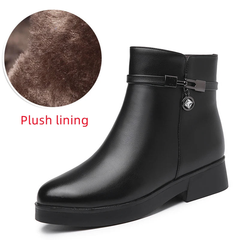 WOIZGIC Women Mother Female Ladies Genuine Leather Ankle Shoes Boots Platform Wool Plush Warm Fur Winter Zipper Plus Size 42 43.