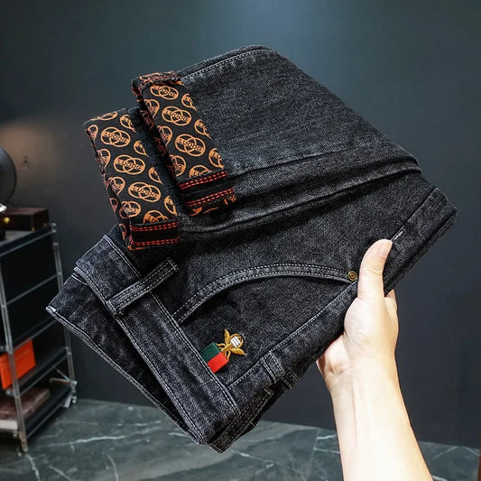 Gestickte Slim-Fit-Jeans mit geradem Bein, High-End-Freizeithose für Herren, durchgehender Bodendruck, dehnbar, trendige Marken-Freizeitjeans.