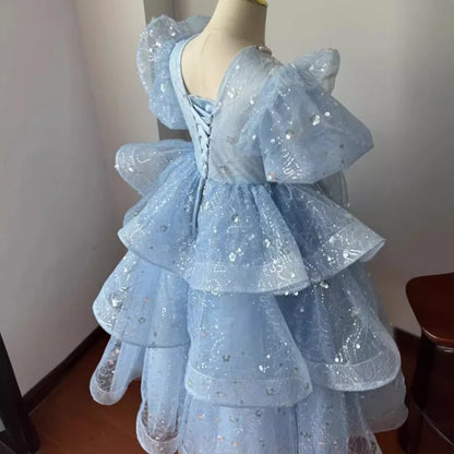 Mädchen Kleid 2025 Neue Frühling Elsa Baby Prinzessin Kleid Puffy Tüll Blau Geburtstag Kleine Host Leistung.