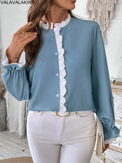 2025 Autumn Female Solid Ruffle Shirt Women Casual Lantern Long Sleeve Top Spring Office Lady Single Breasted Tops Clothes.
