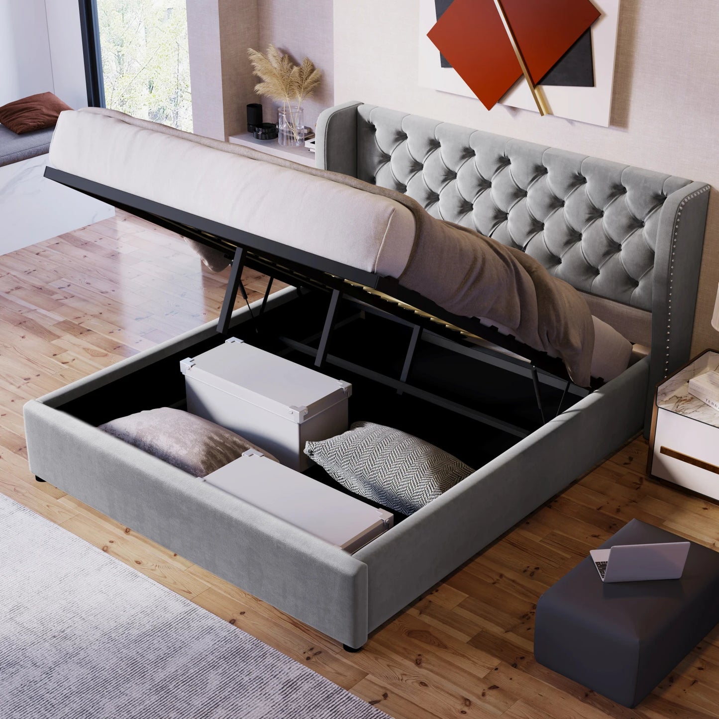 Fangange gepolstertes ohrenförmiges Bett, komplettes/Queensize-/King-/Doppelbett, hydraulisches Funktionsbett mit Lattenrost und Stauraum, Samt