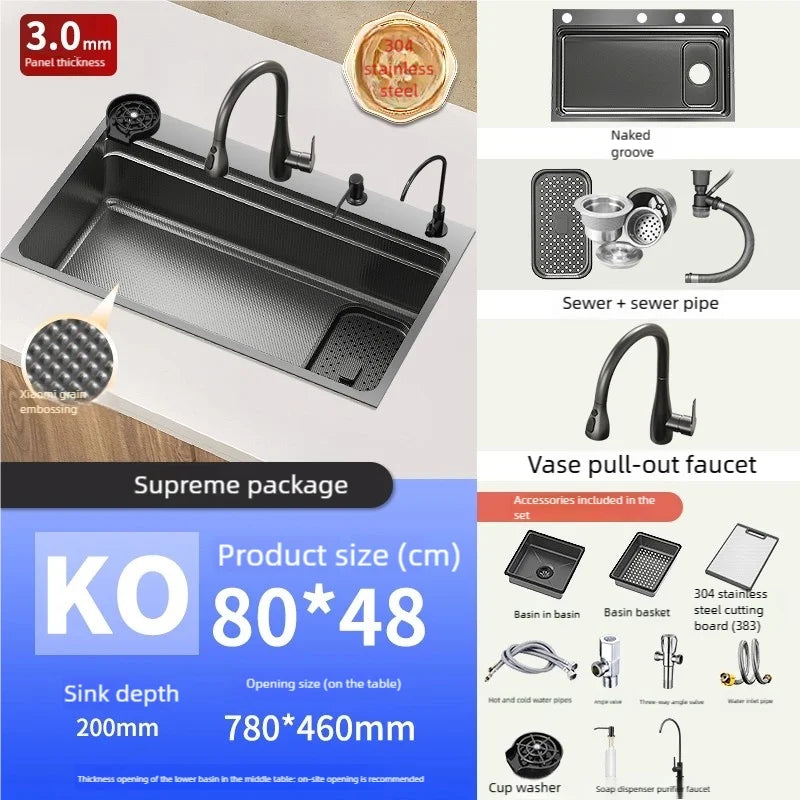 Black 304 Stainless Steel Kitchen Sink Household Multifunction Wash Dish and Vegetables Basin Large Single Slot Undermount Basin