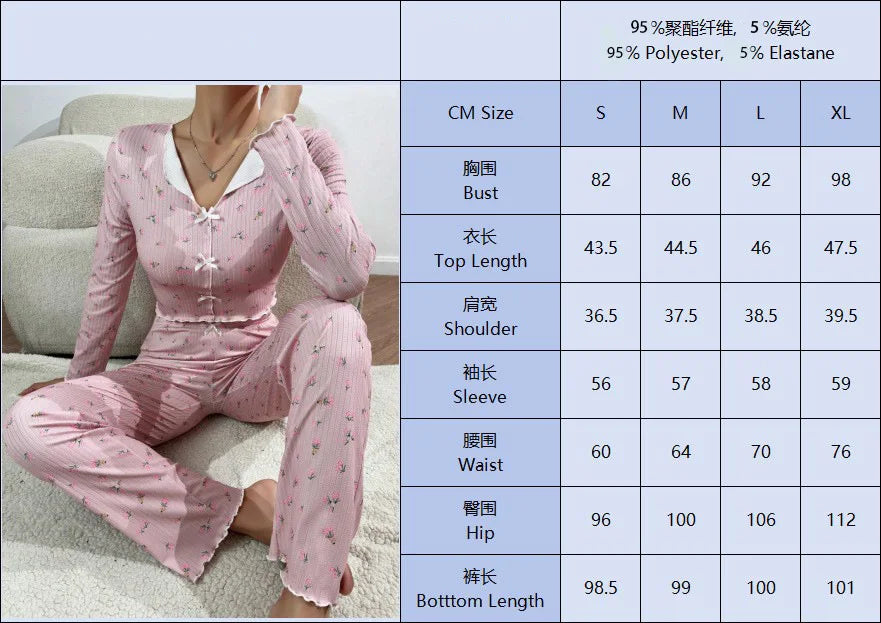 Y2K Nette Floral Gerippte Pyjama Set Frauen Langarm V-ausschnitt Zwei Stück Nachtwäsche Homewear Herbst Winter Bogen Salat Trim Neue Heiße.