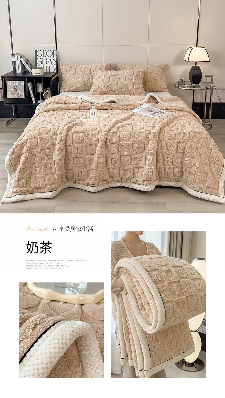 Heart Pattern Coral Fleece Blanket Autumn Winter Double Layer Thicken Warm Plush Blanket for Bed Fluffy Soft Sofa Throw Blankets