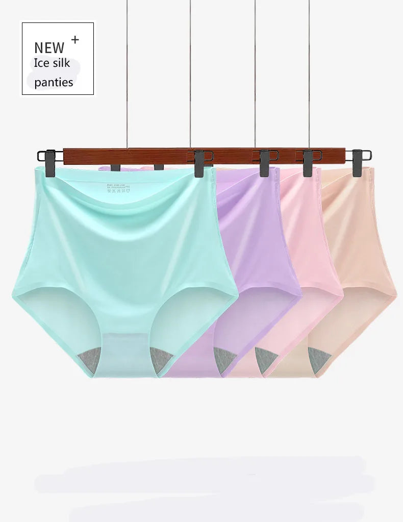Women's underwear ice silk High waist Seamless Panties soft Lingerie Slimming Abdomen In Hip Lift plus size Breathable Briefs.