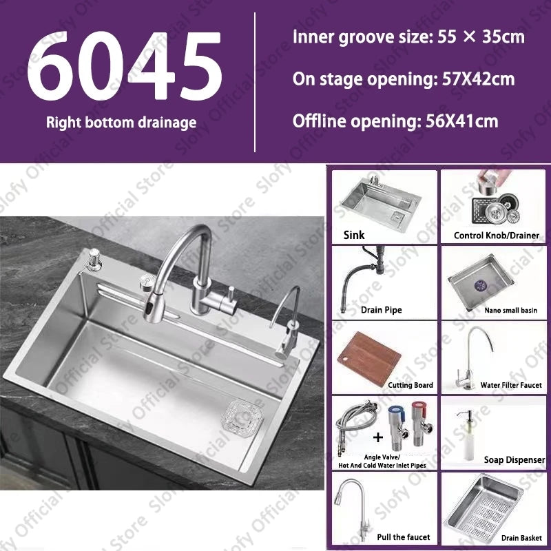 Küchenspüle aus Edelstahl 304, großes Fassungsvermögen, Wasch-/Schnitt-/Abfluss in einem, komplettes Set, multifunktionale Gemüse-Arbeitsstation für den Haushalt