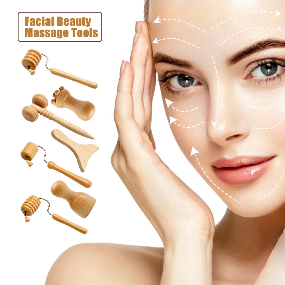 Wooden Facial Lifting Massage Facial Maderotherapy Masajeador Kit Gua Sha Tool Wood Therapy Wrinkle Remover Relaxation Skin Care.