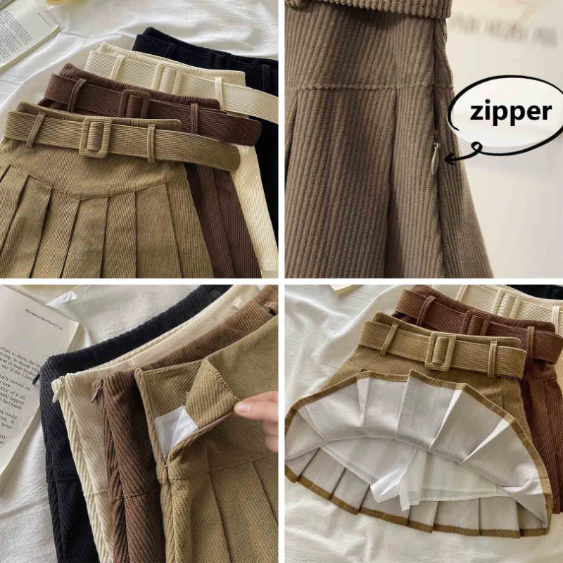 Pleated Mini Skirts Women Japan Students Corduroy Preppy Style Autumn Winter Basic Solid Bottoms Chic Vintage JK Slim All-match.