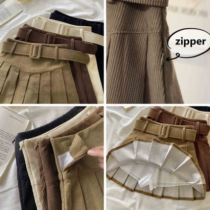 Pleated Mini Skirts Women Japan Students Corduroy Preppy Style Autumn Winter Basic Solid Bottoms Chic Vintage JK Slim All-match.