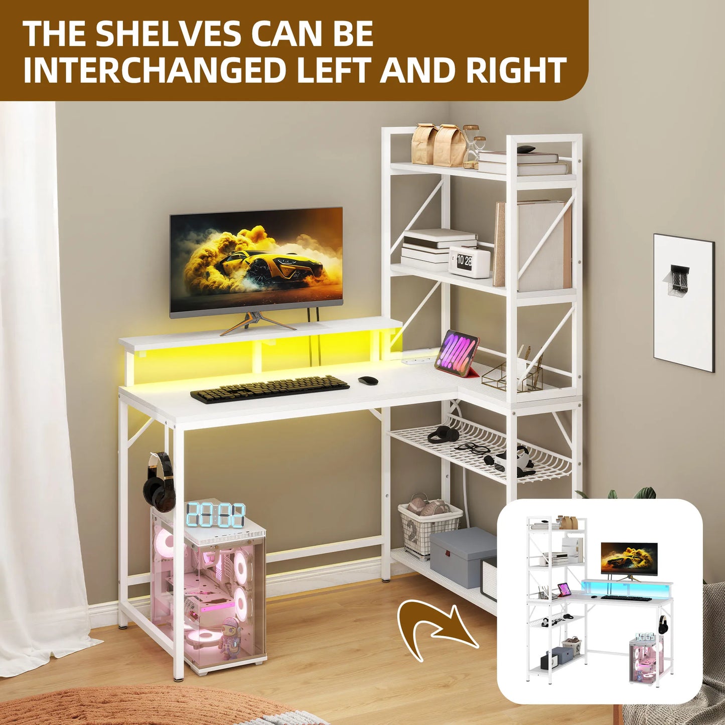 YITAHOME Weißer L-förmiger LED-Gaming-Schreibtisch 106 cm mit USB-Steckdosen