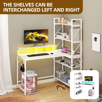 YITAHOME Weißer L-förmiger LED-Gaming-Schreibtisch 106 cm mit USB-Steckdosen