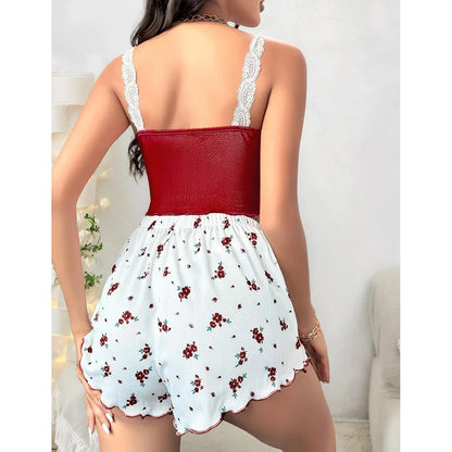 Frauen Pyjama Set Spitze Patchwork V-ausschnitt Nachtwäsche Sexy Nachthemden Anzug Leibchen Top Gedruckt Shorts Weiche Pyjamas Loungewear.