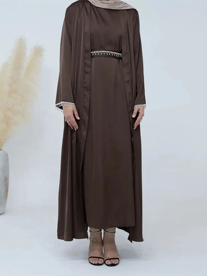 Ramadan Kebaya Chain Satin Kimono 2 Piece Abaya Set Turkey Islam Dress Muslim Sets Abayas For Women Robe Femme Musulmane Kaftan