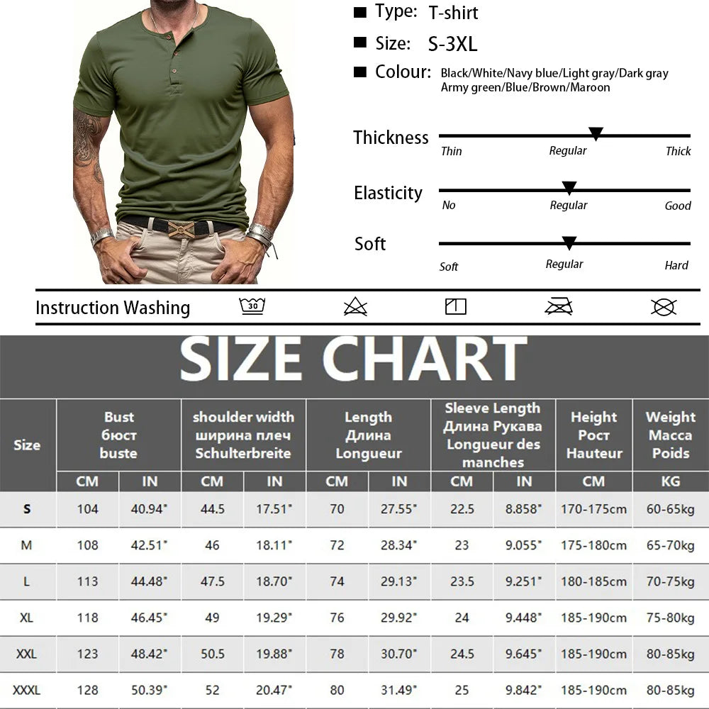 Men's Short Sleeve Henley Neck T-shirt Solid Color Male Tops Slim Fit Button Neck Casual Cozy Tshirt  Streetwear.