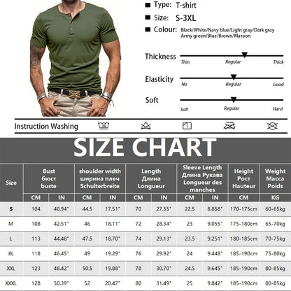 Men's Short Sleeve Henley Neck T-shirt Solid Color Male Tops Slim Fit Button Neck Casual Cozy Tshirt  Streetwear.